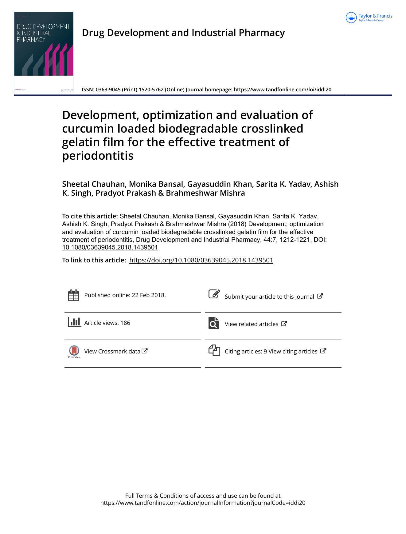 Development, optimization and evaluation of curcumin loaded biodegradable crosslinked gelatin film for the effective treatment of periodontitis by unknow
