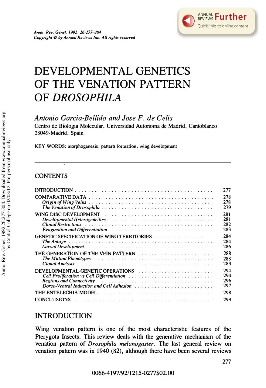 Developmental Genetics of the Venation Pattern of Drosophila by A G Bellido & J F D Celis