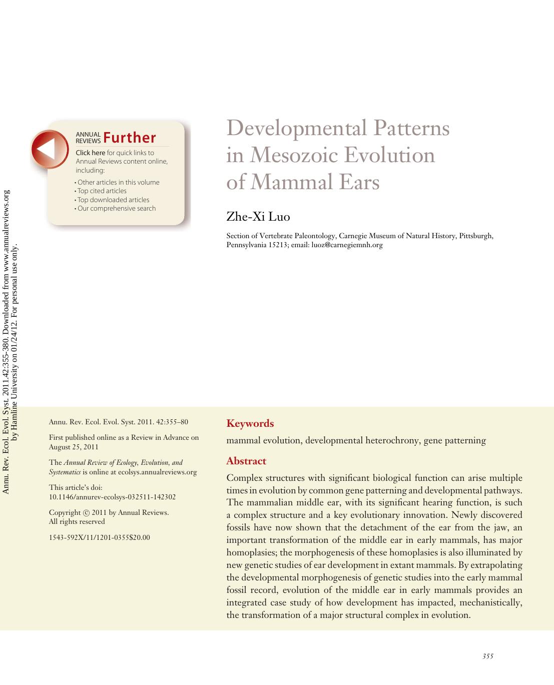 Developmental Patterns in Mesozoic Evolution of Mammal Ears by Zhe-Xi Luo