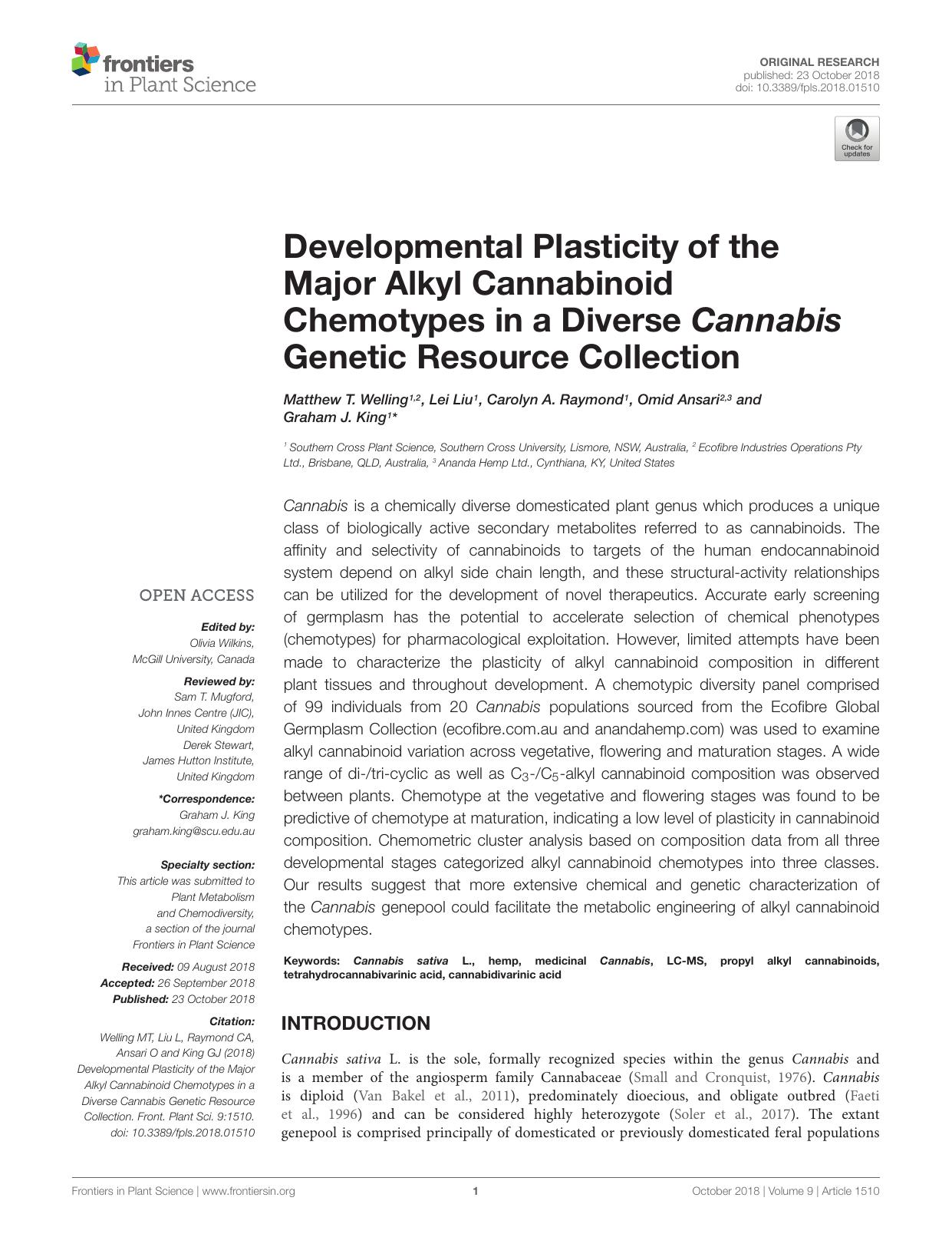 Developmental Plasticity of the Major Alkyl Cannabinoid Chemotypes in a Diverse Cannabis Genetic Resource Collection by Graham J. King
