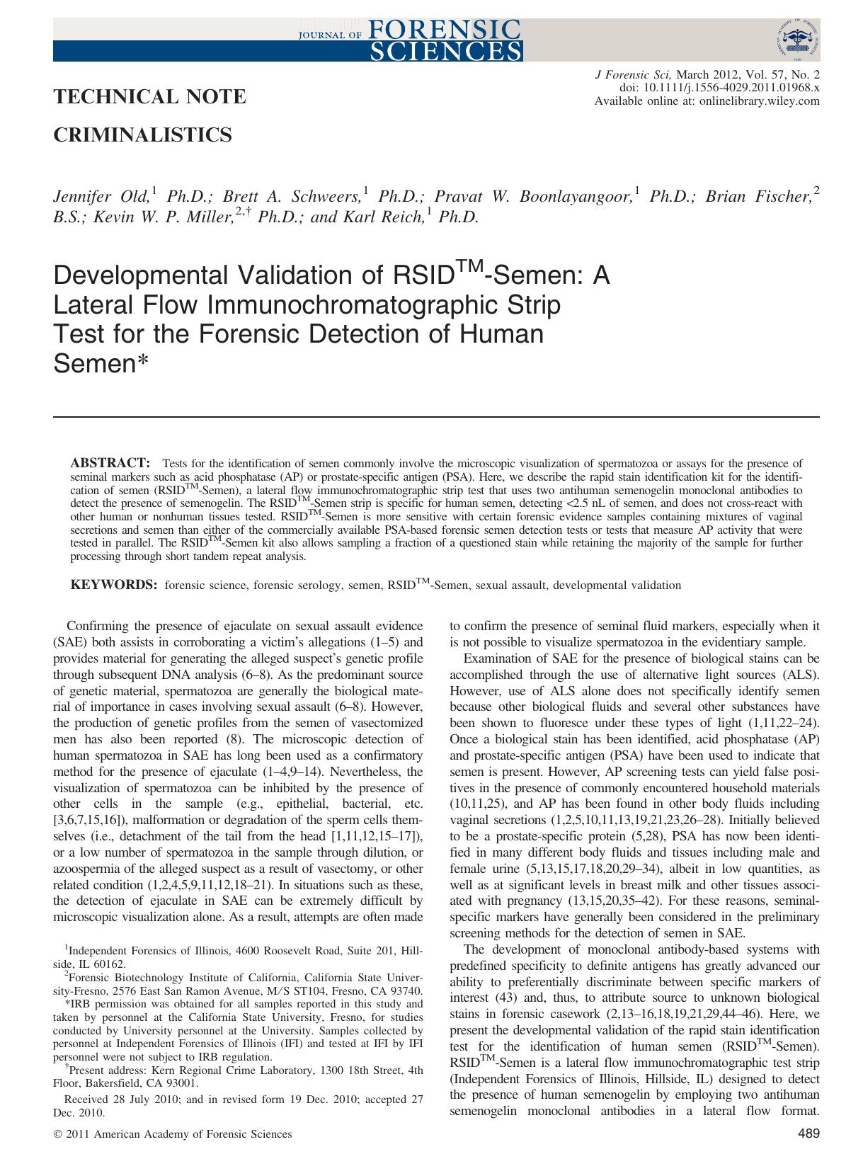Developmental Validation of RSIDSemen: A Lateral Flow Immunochromatographic Strip Test for the Forensic Detection of Human Semen by Unknown