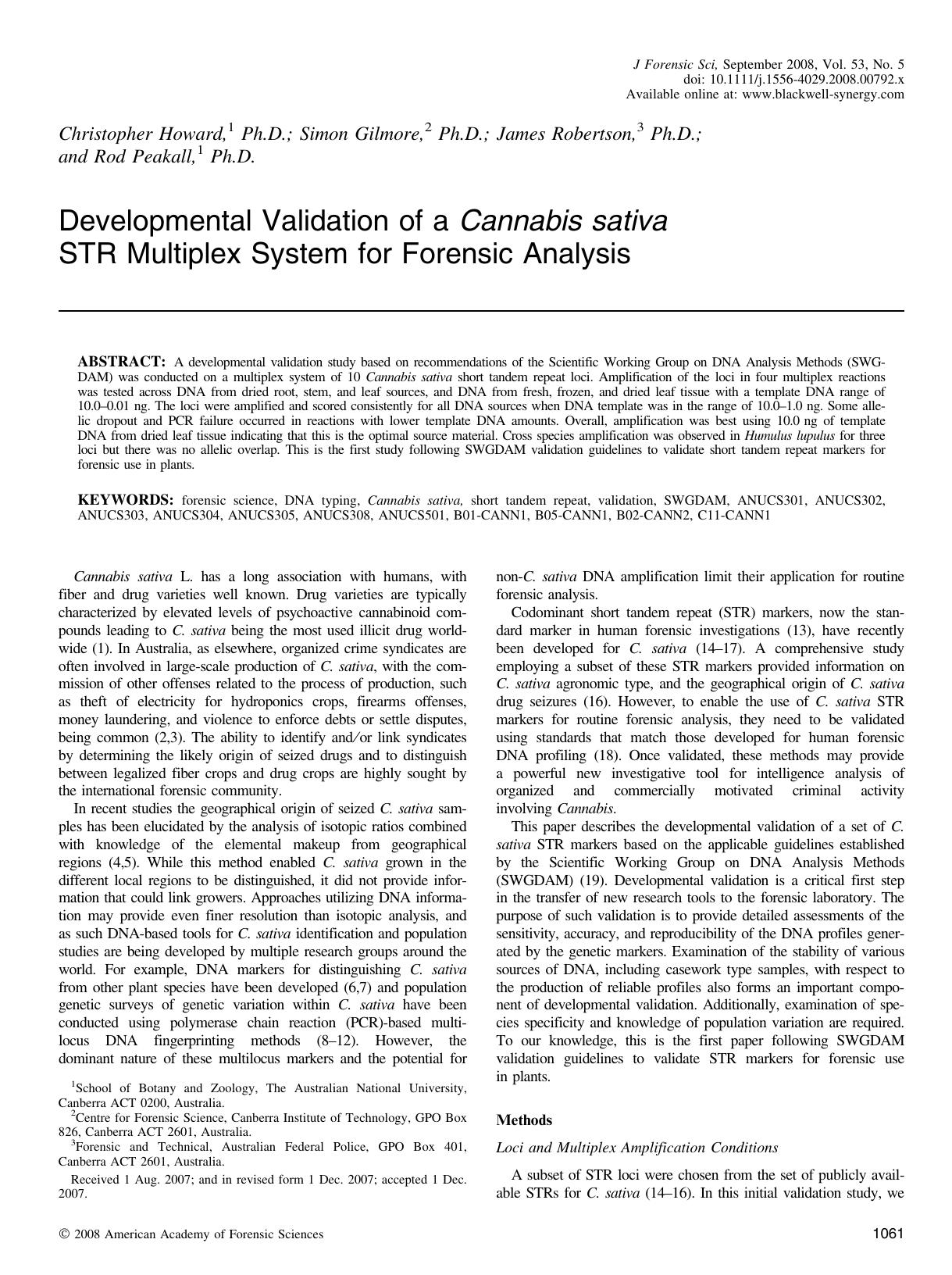 Developmental Validation of a Cannabis sativa STR Multiplex System for Forensic Analysis by Unknown