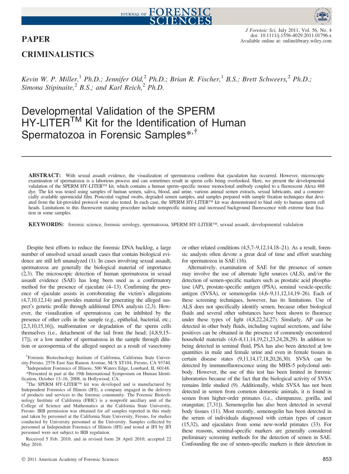 Developmental Validation of the SPERM HYLITERTM Kit for the Identification of Human Spermatozoa in Forensic Samples, by Unknown