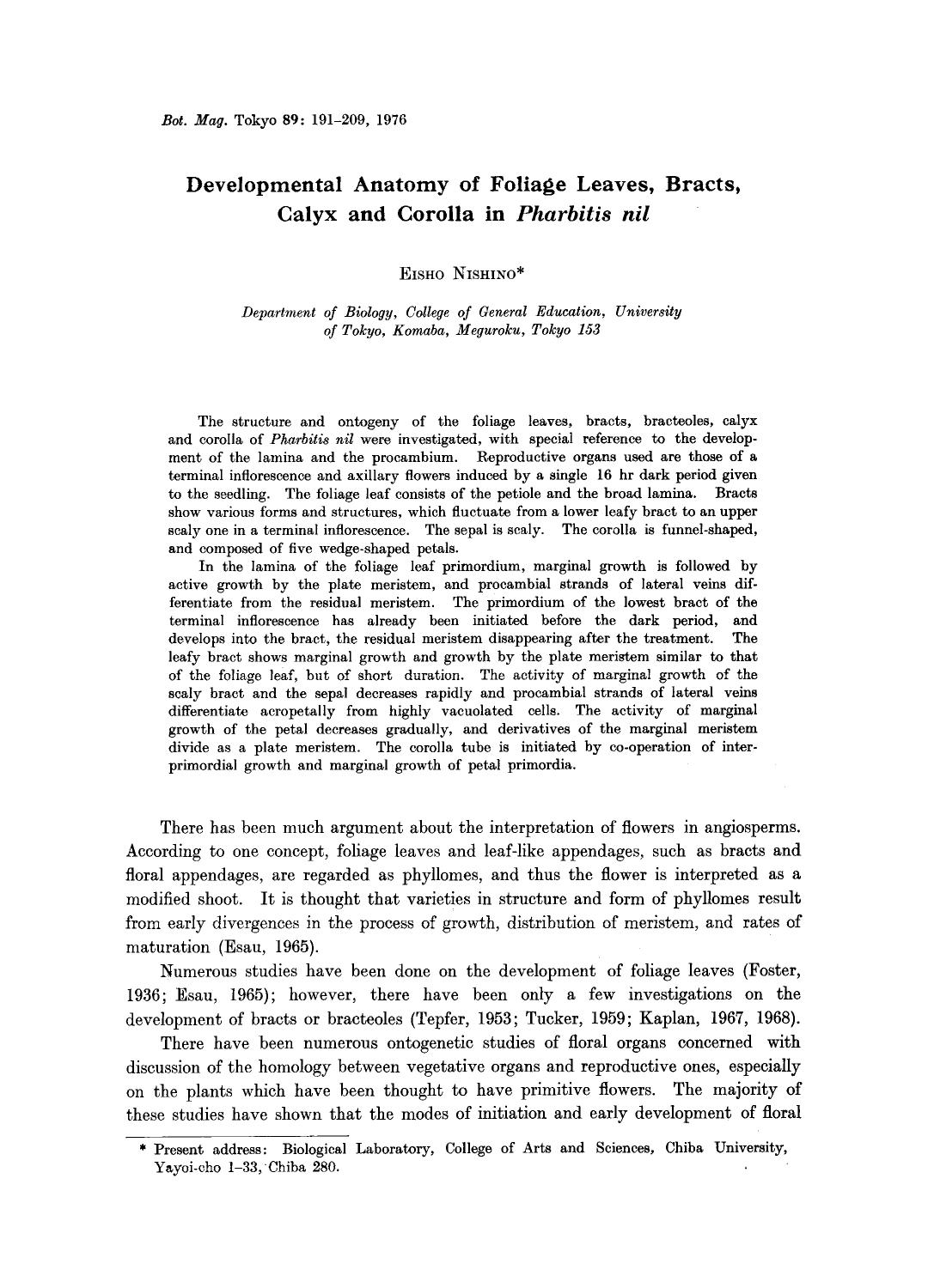Developmental anatomy of foliage leaves, bracts, calyx and corolla in <Emphasis Type="Italic">Pharbitis nil <Emphasis> by Unknown