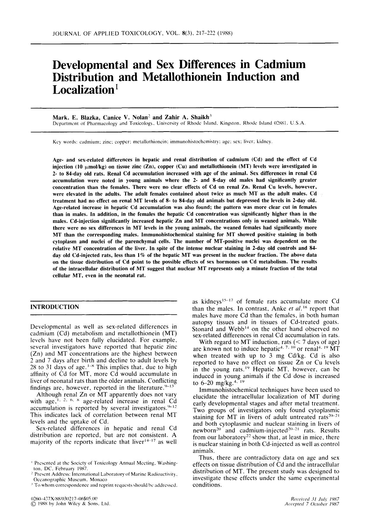 Developmental and sex differences in cadmium distribution and metallothionein induction and localization by Unknown