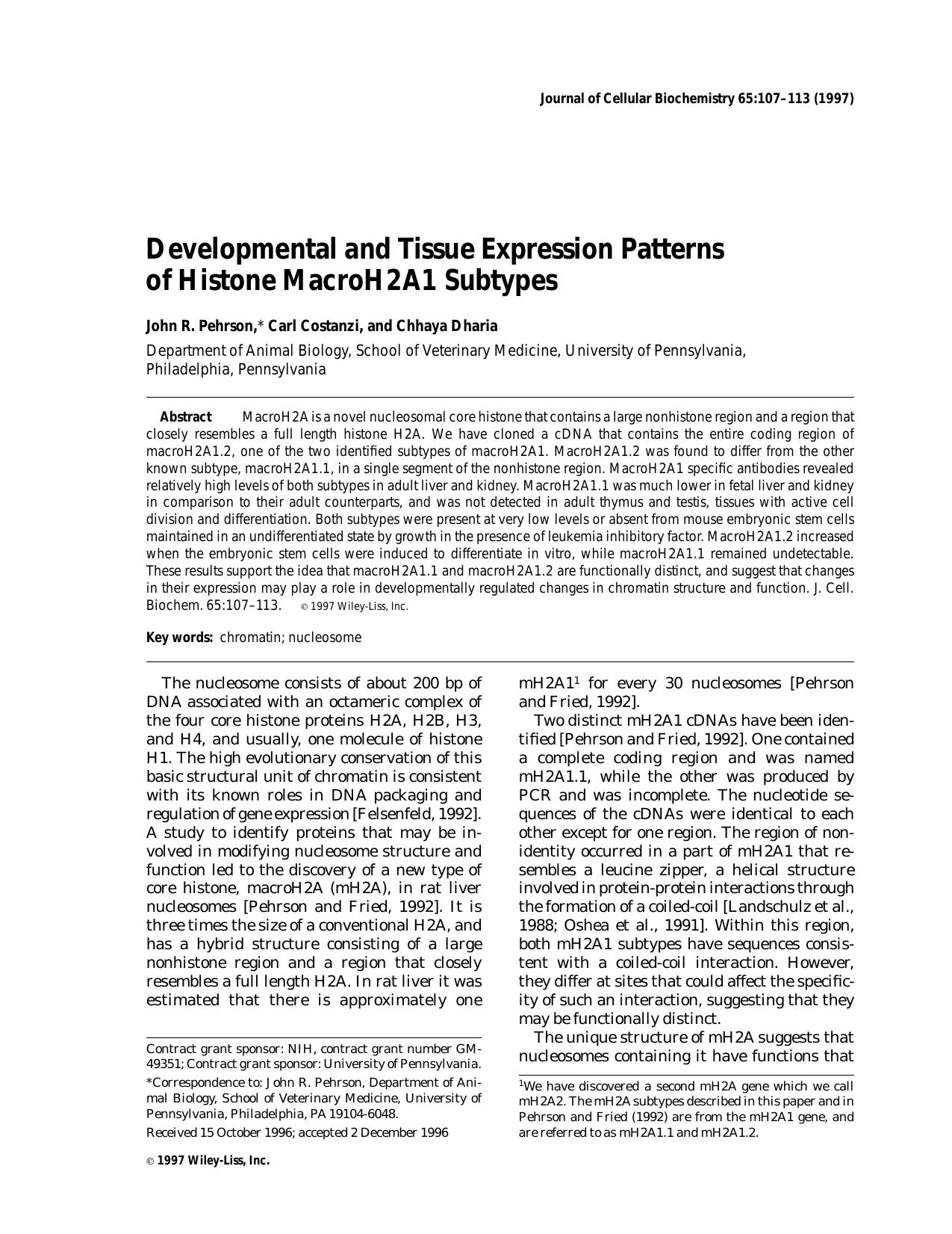 Developmental and tissue expression patterns of histone macroH2A1 subtypes by Unknown