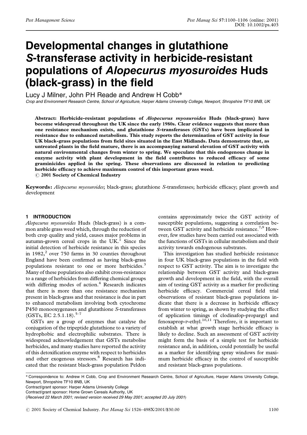 Developmental changes in glutathione S-transferase activity in herbicide-resistant populations of Alopecurus myosuroides Huds (black-grass) in the field by Unknown
