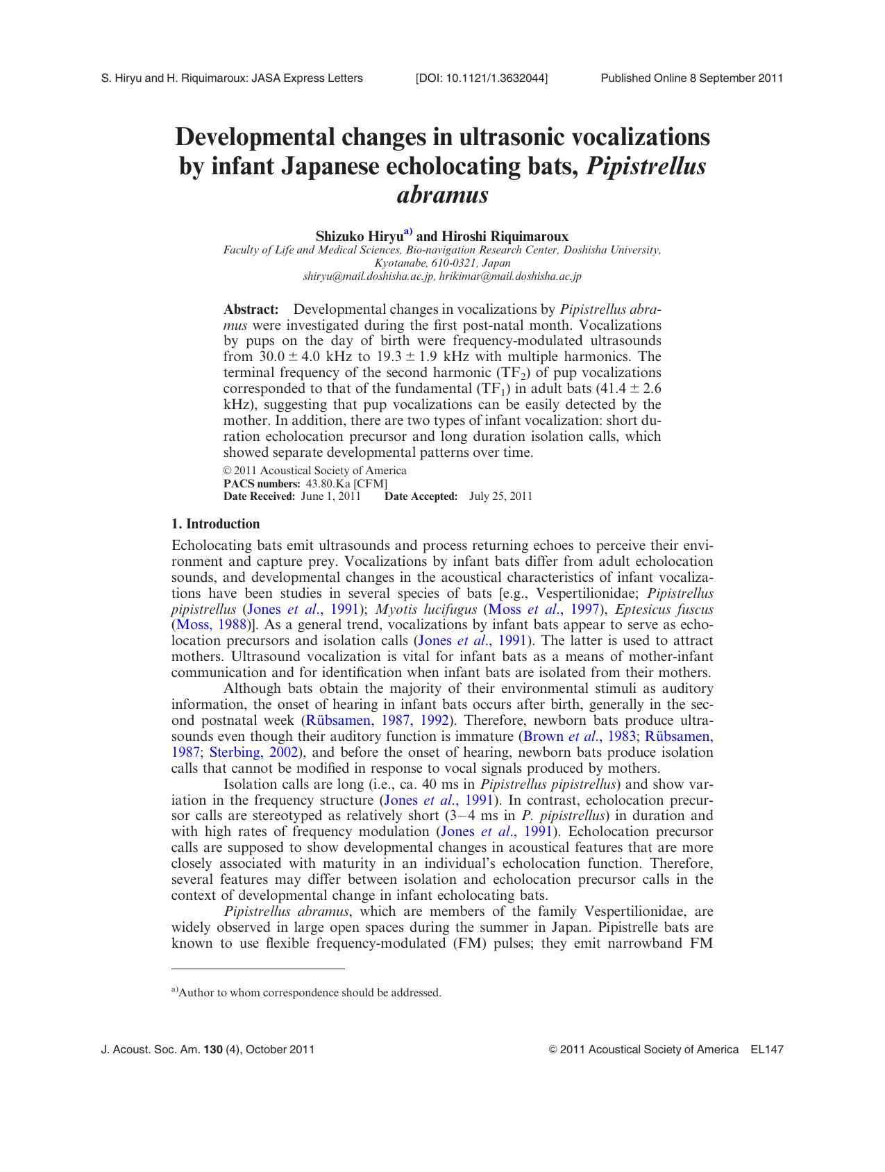 Developmental changes in ultrasonic vocalizations by infant Japanese echolocating bats, Pipistrellus abramus by Shizuko Hiryu and Hiroshi Riquimaroux