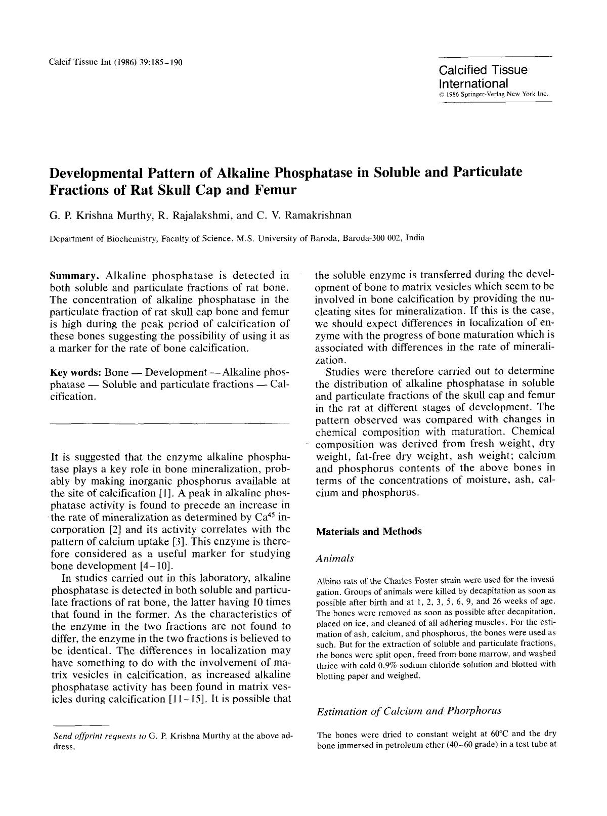 Developmental pattern of alkaline phosphatase in soluble and particulate fractions of rat skull cap and femur by Unknown