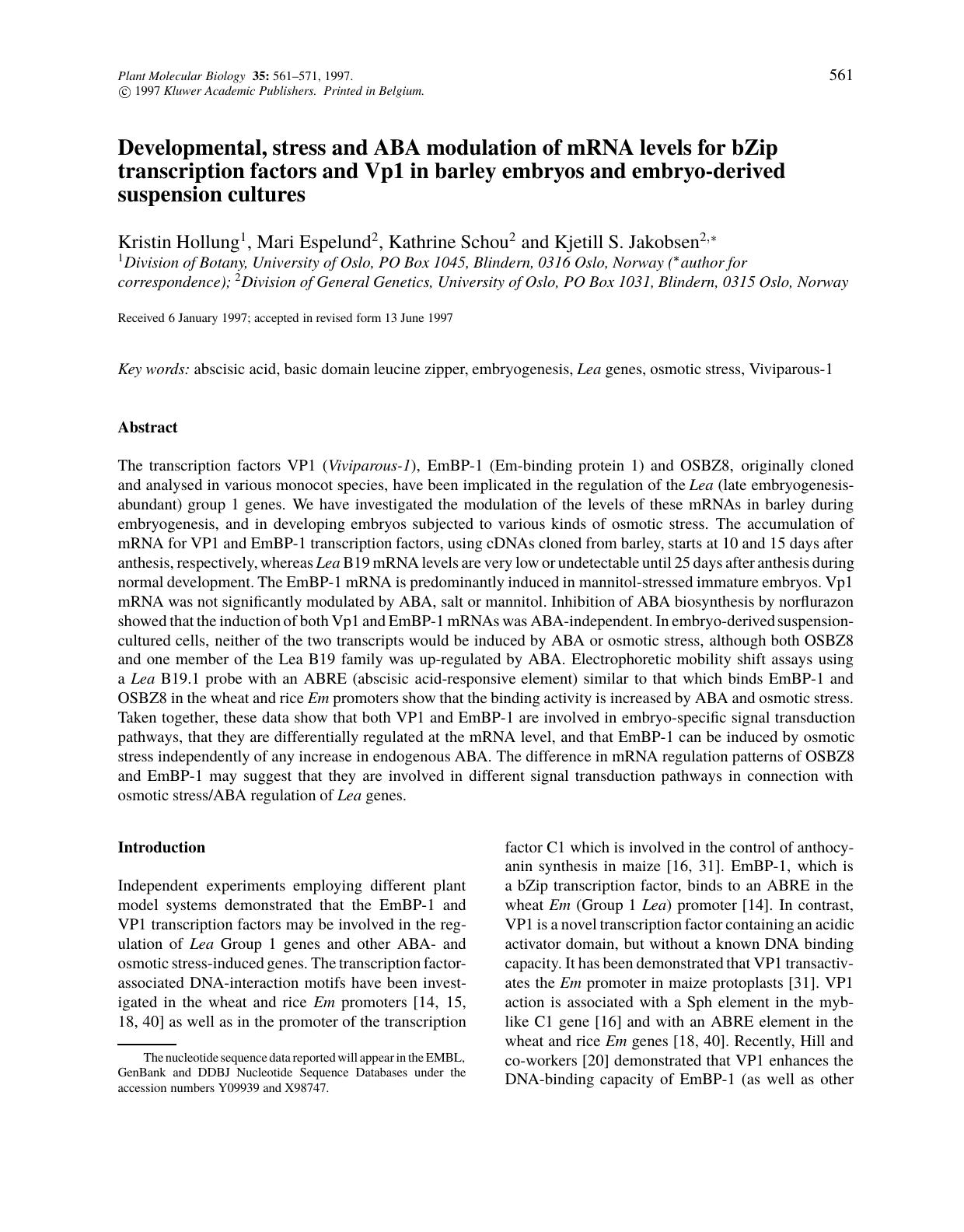 Developmental, stress and ABA modulation of mRNA levels for bZip transcription factors and Vp1 in barley embryos and embryo-derived suspension cultures by Unknown