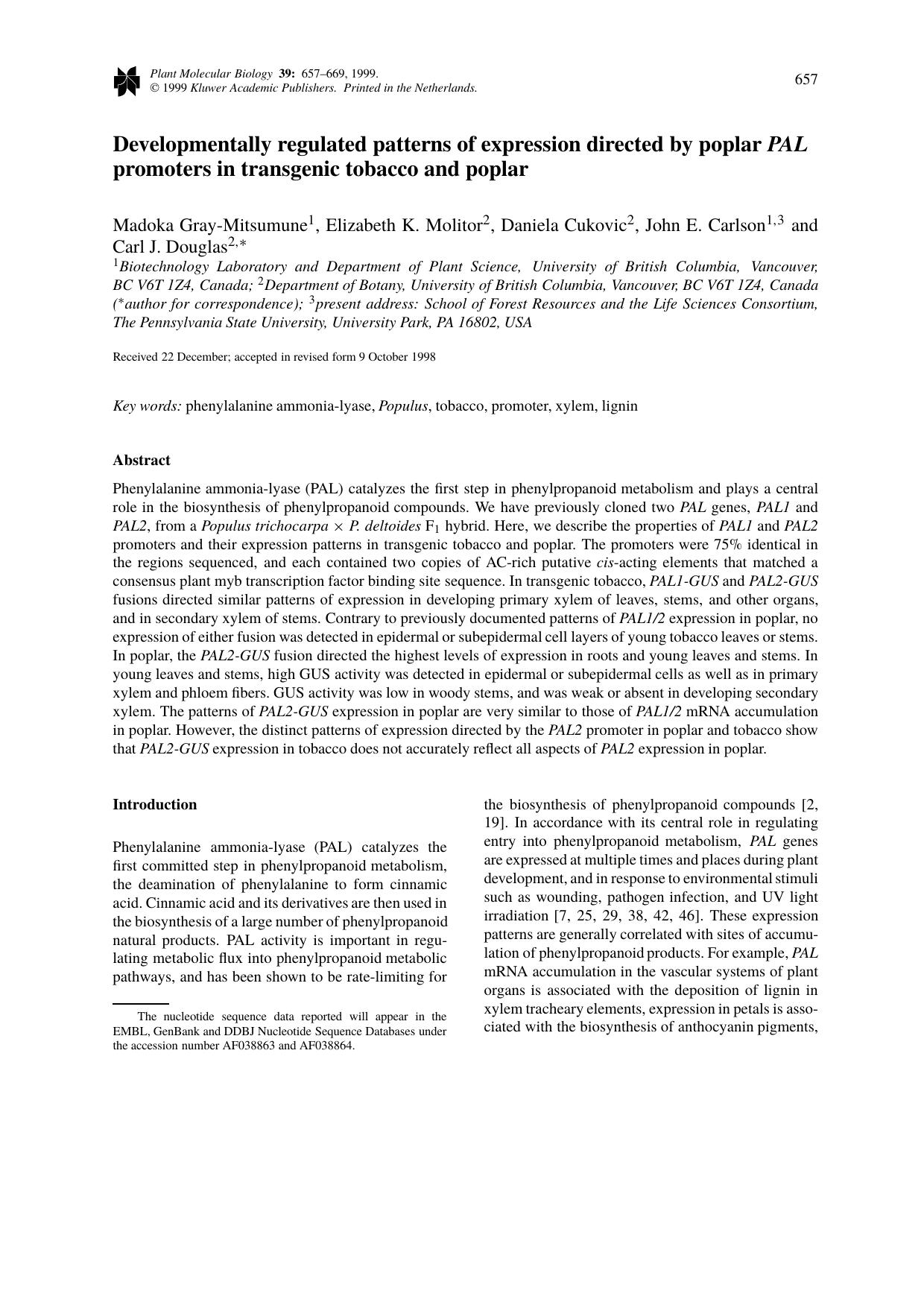 Developmentally regulated patterns of expression directed by poplar PAL promoters in transgenic tobacco and poplar by Unknown