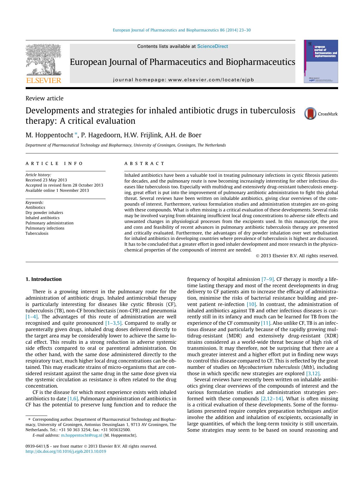 Developments and strategies for inhaled antibiotic drugs in tuberculosis therapy: A critical evaluation by M. Hoppentocht & P. Hagedoorn & H.W. Frijlink & A.H. de Boer