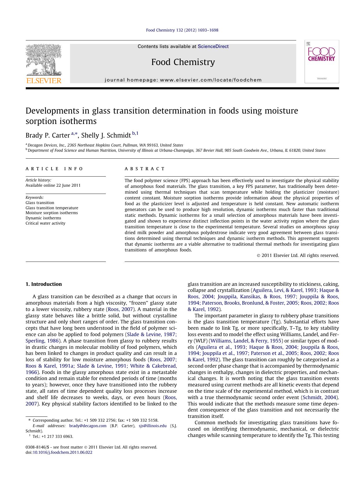 Developments in glass transition determination in foods using moisture sorption isotherms by Brady P. Carter & Shelly J. Schmidt