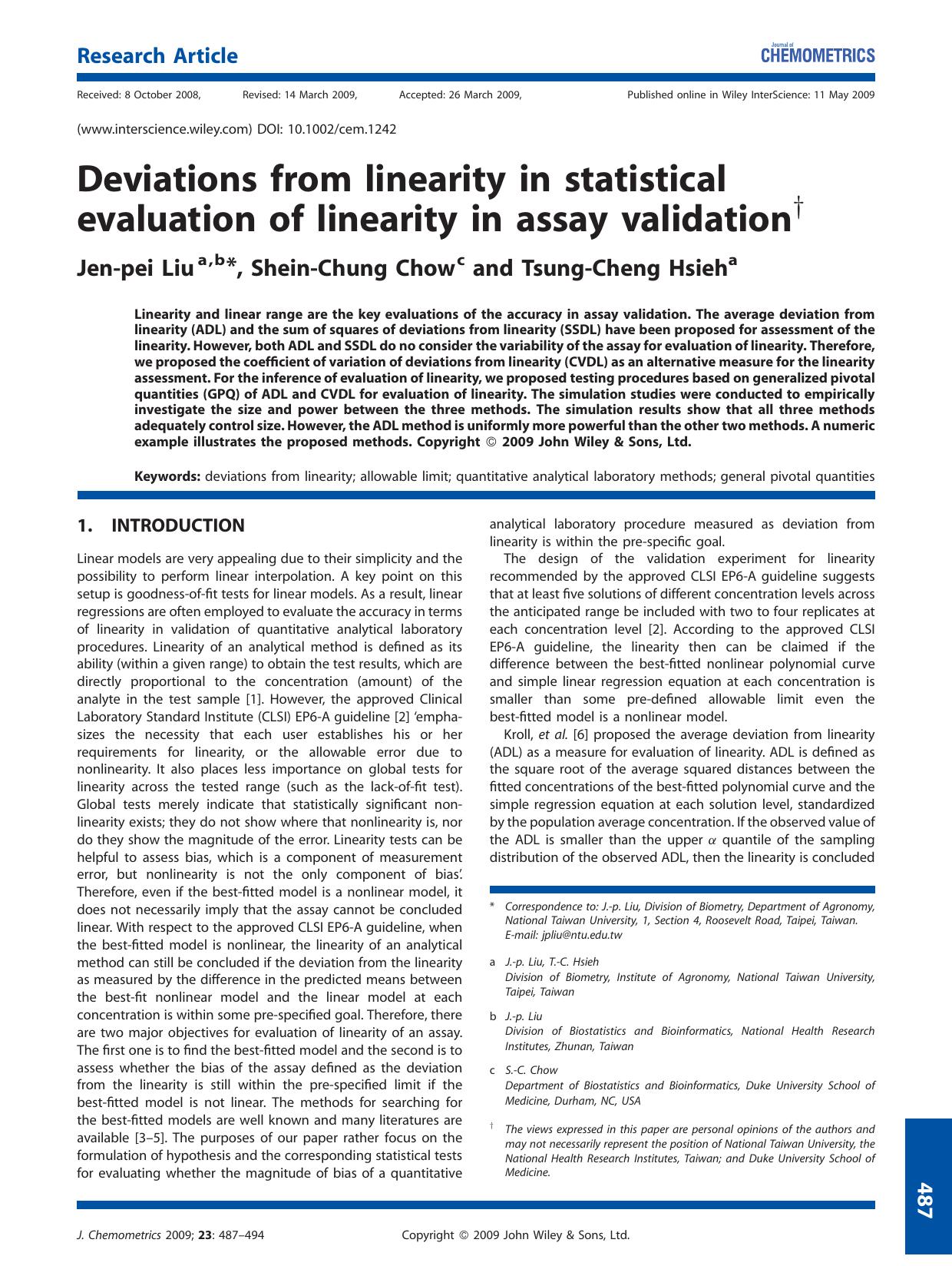 Deviations from linearity in statistical evaluation of linearity in assay validation by Unknown