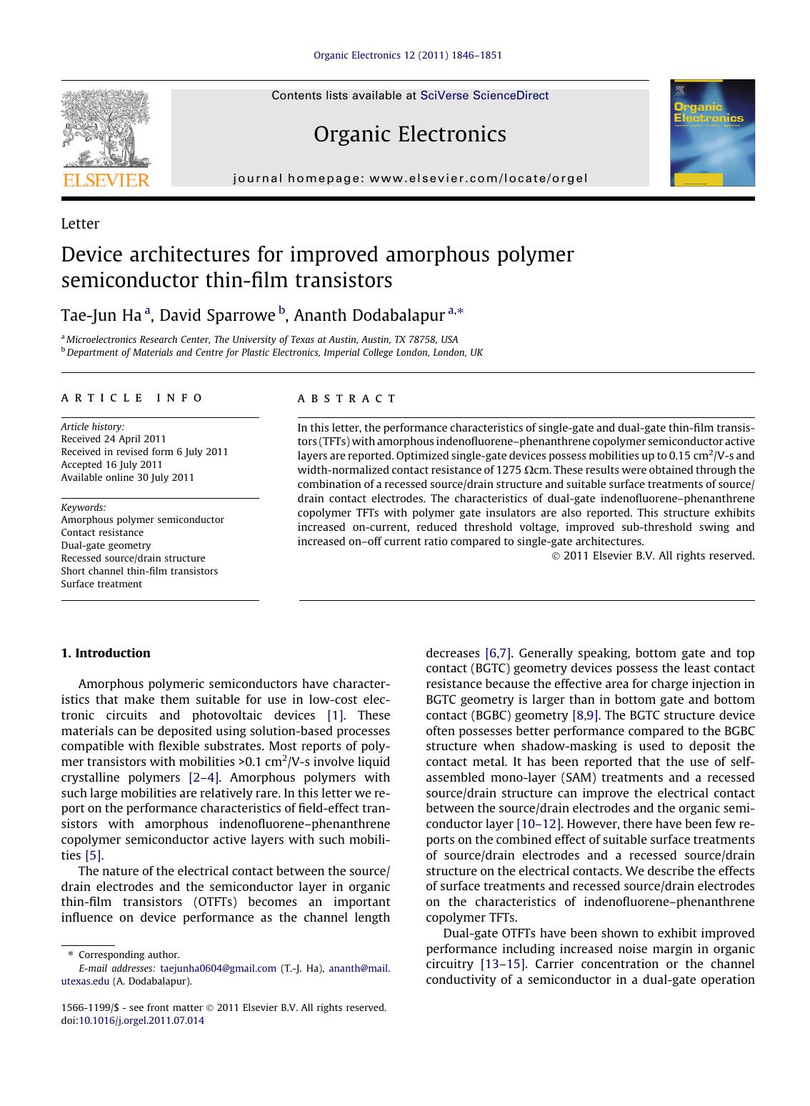 Device architectures for improved amorphous polymer semiconductor thin-film transistors by Tae-Jun Ha & David Sparrowe & Ananth Dodabalapur