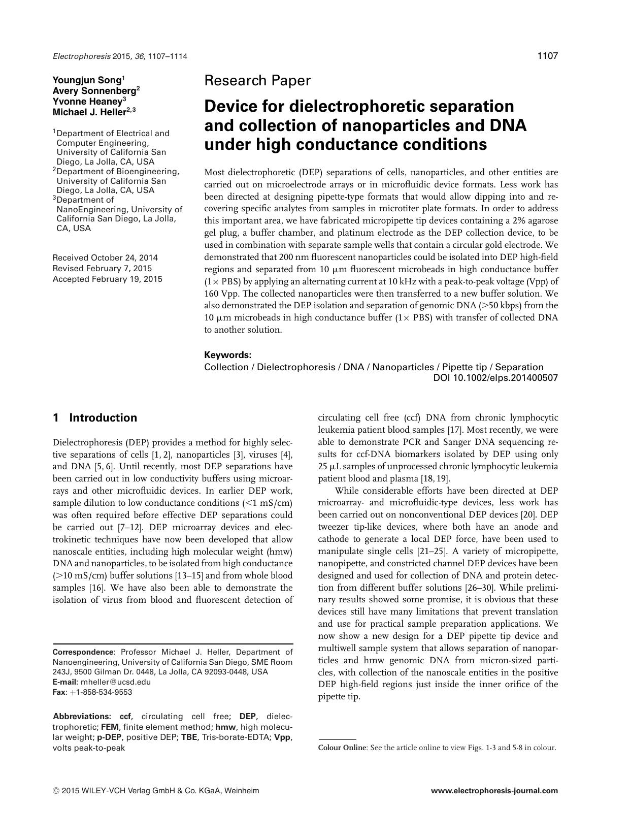 Device for dielectrophoretic separation and collection of nanoparticles and DNA under high conductance conditions by Unknown