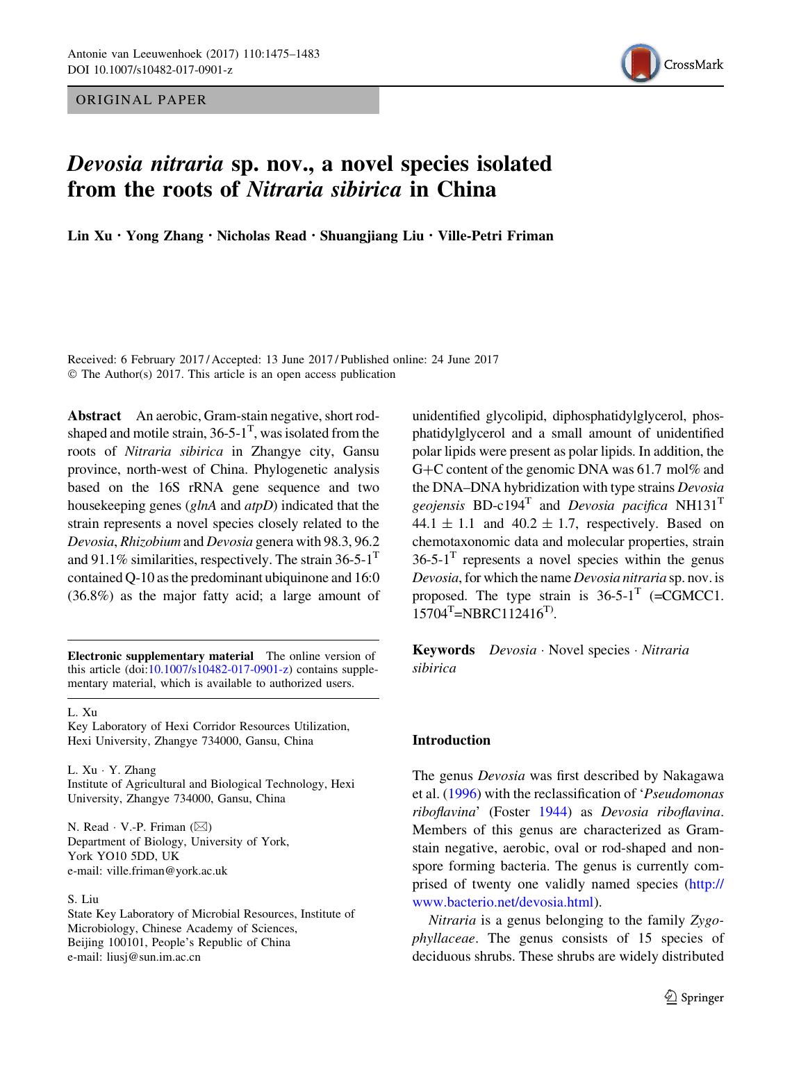 Devosia nitraria sp. nov., a novel species isolated from the roots of Nitraria sibirica in China by Lin Xu & Yong Zhang & Nicholas Read & Shuangjiang Liu & Ville-Petri Friman
