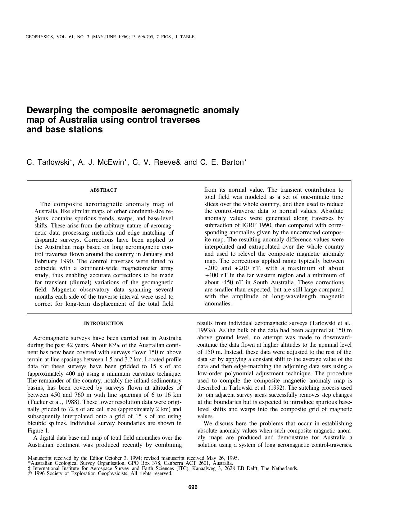Dewarping the composite aeromagnetic anomaly map of Australia using control traverses and base stations by C. Tarlowski C.V. Reeves A.J. McEwin C.E. Barton