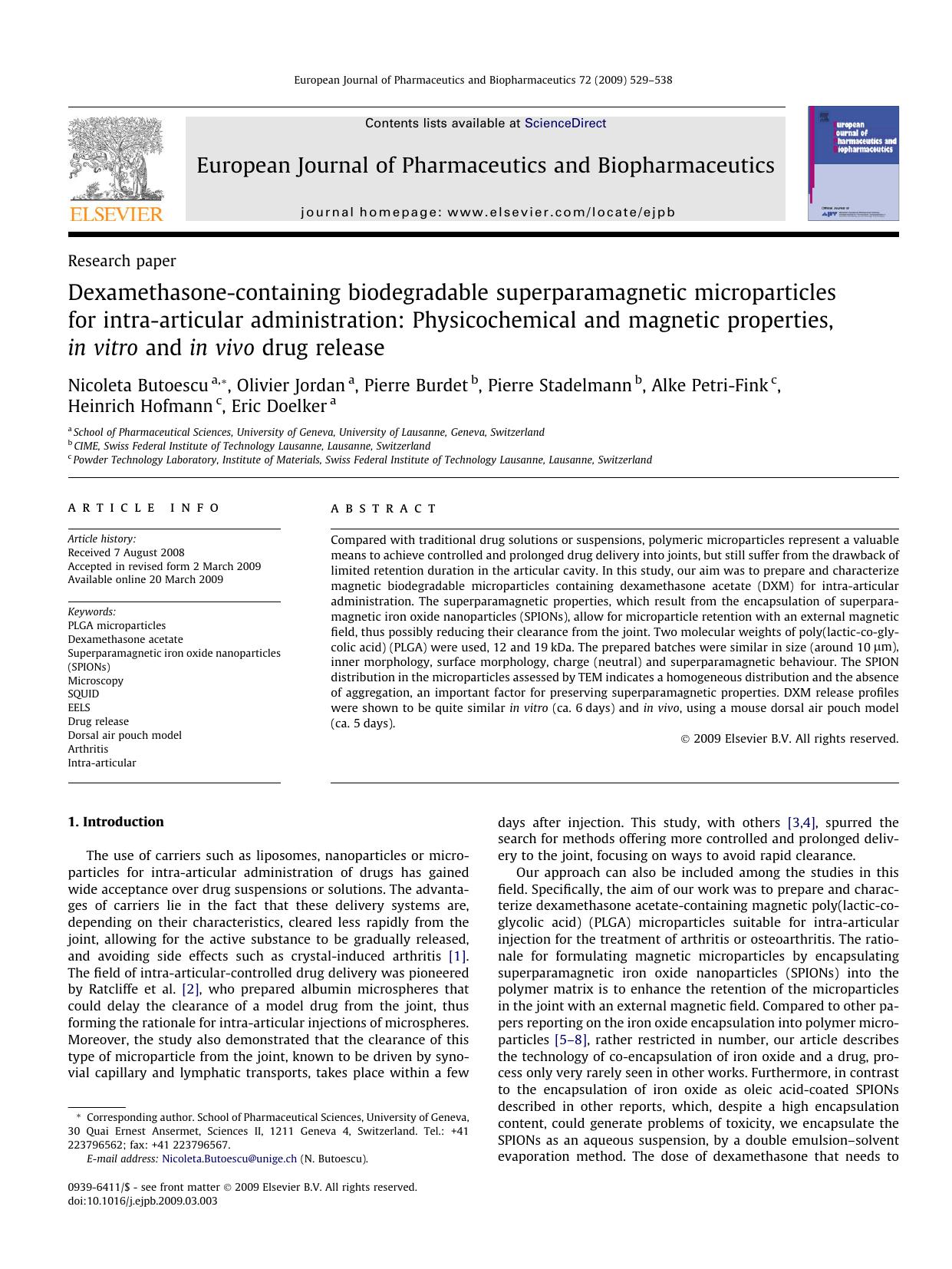 Dexamethasone-containing biodegradable superparamagnetic microparticles for intra-articular administration: Physicochemical and magnetic properties, in vitro and in vivo drug release by unknow
