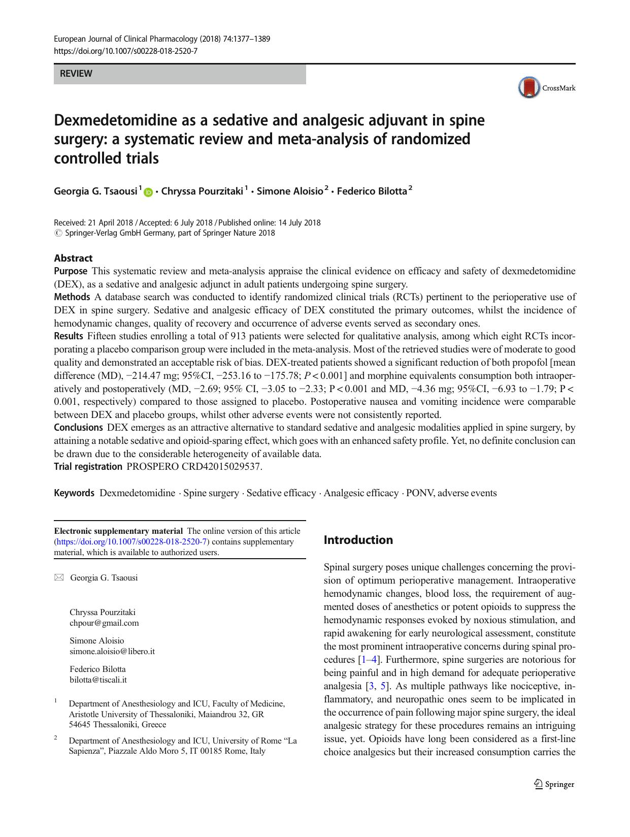 Dexmedetomidine as a sedative and analgesic adjuvant in spine surgery: a systematic review and meta-analysis of randomized controlled trials by Georgia G. Tsaousi & Chryssa Pourzitaki & Simone Aloisio & Federico Bilotta
