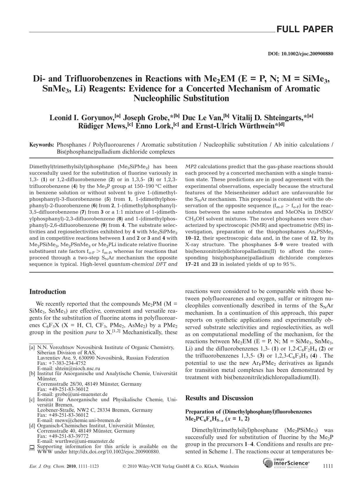 Di- and Trifluorobenzenes in Reactions with Me2EM (E = P, N; M = SiMe3, SnMe3, Li) Reagents: Evidence for a Concerted Mechanism of Aromatic Nucleophilic Substitution by Unknown