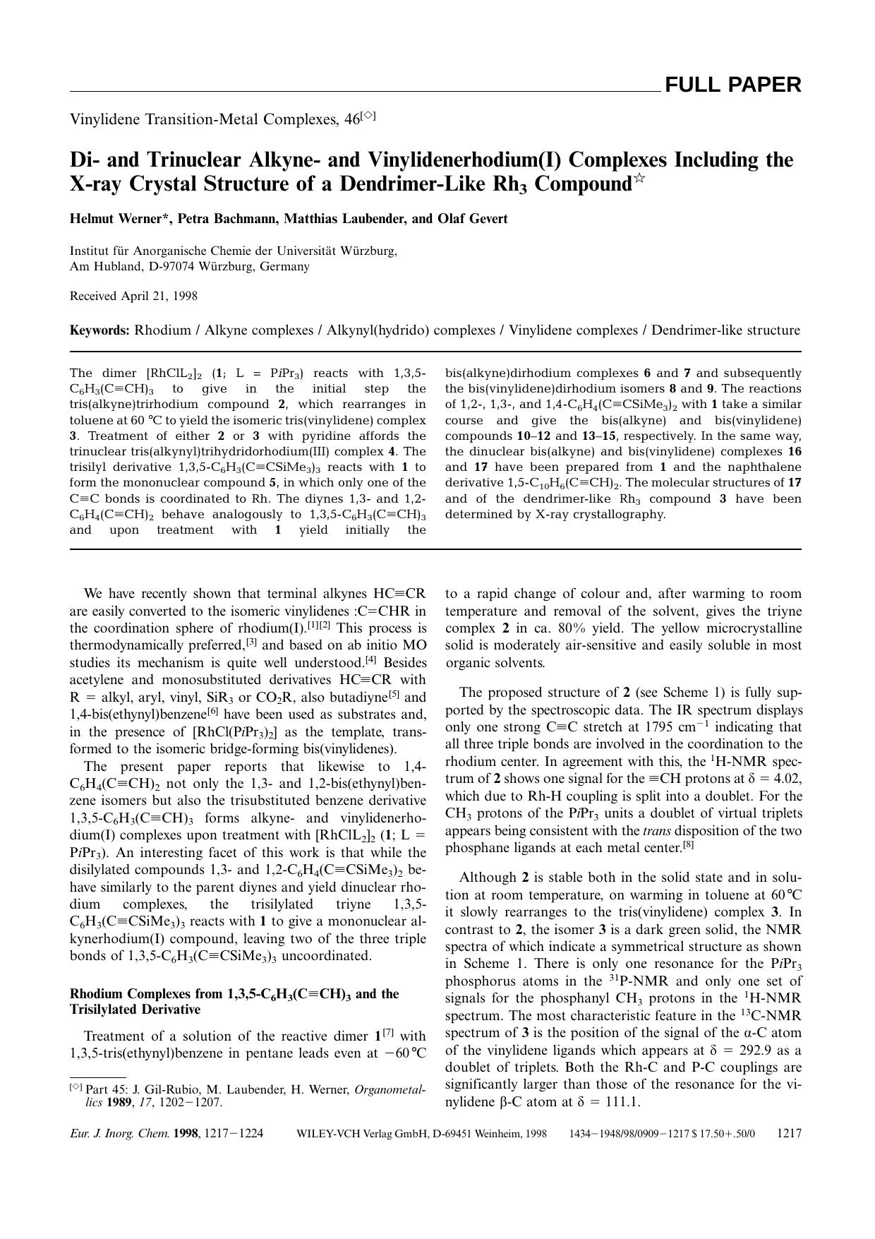 Di- and Trinuclear Alkyne- and Vinylidenerhodium(I) Complexes Including the X-ray Crystal Structure of a Dendrimer-Like Rh3 Compound by Unknown