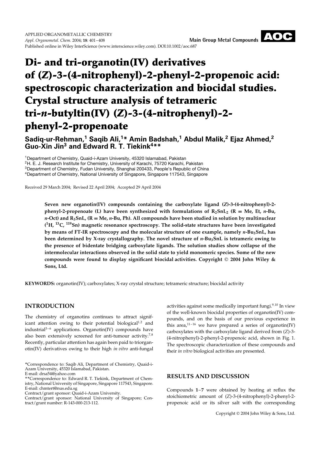 Di- and tri-organotin(IV) derivatives of (Z)-3-(4-nitrophenyl)-2-phenyl-2-propenoic acid: spectroscopic characterization and biocidal studies. Crystal structure analysis of tetrame by Unknown