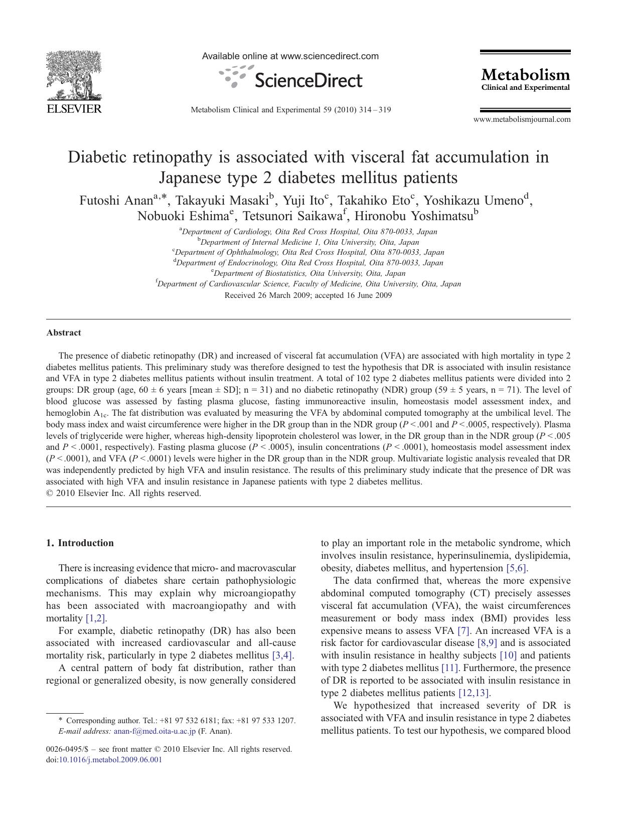 Diabetic retinopathy is associated with visceral fat accumulation in Japanese type 2 diabetes mellitus patients by unknow