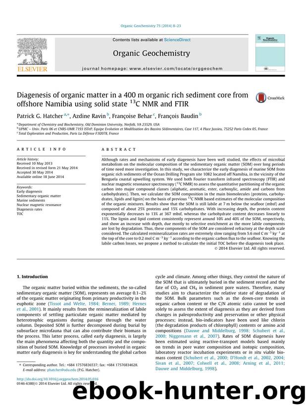 Diagenesis of organic matter in a 400 m organic rich sediment core from offshore Namibia using solid state 13C NMR and FTIR by Patrick G. Hatcher & Azdine Ravin & Françoise Behar & François Baudin