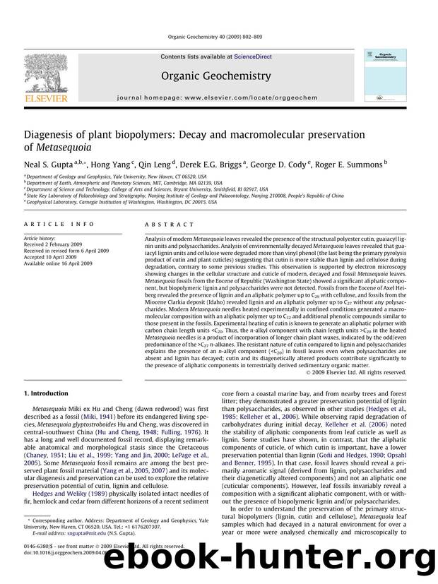 Diagenesis of plant biopolymers: Decay and macromolecular preservation of Metasequoia by Neal S. Gupta; Hong Yang; Qin Leng; Derek E.G. Briggs; George D. Cody; Roger E. Summons