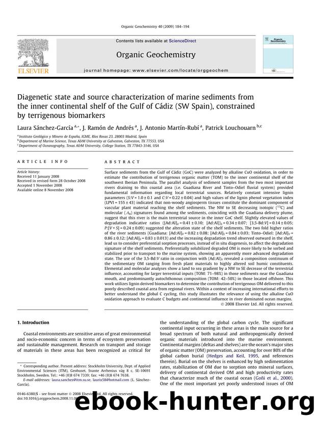 Diagenetic state and source characterization of marine sediments from the inner continental shelf of the Gulf of CÃ¡diz (SW Spain), constrained by terrigenous biomarkers by Laura Sánchez-García; J. Ramón de Andrés; J. Antonio Martín-Rubí; Patrick Louchouarn