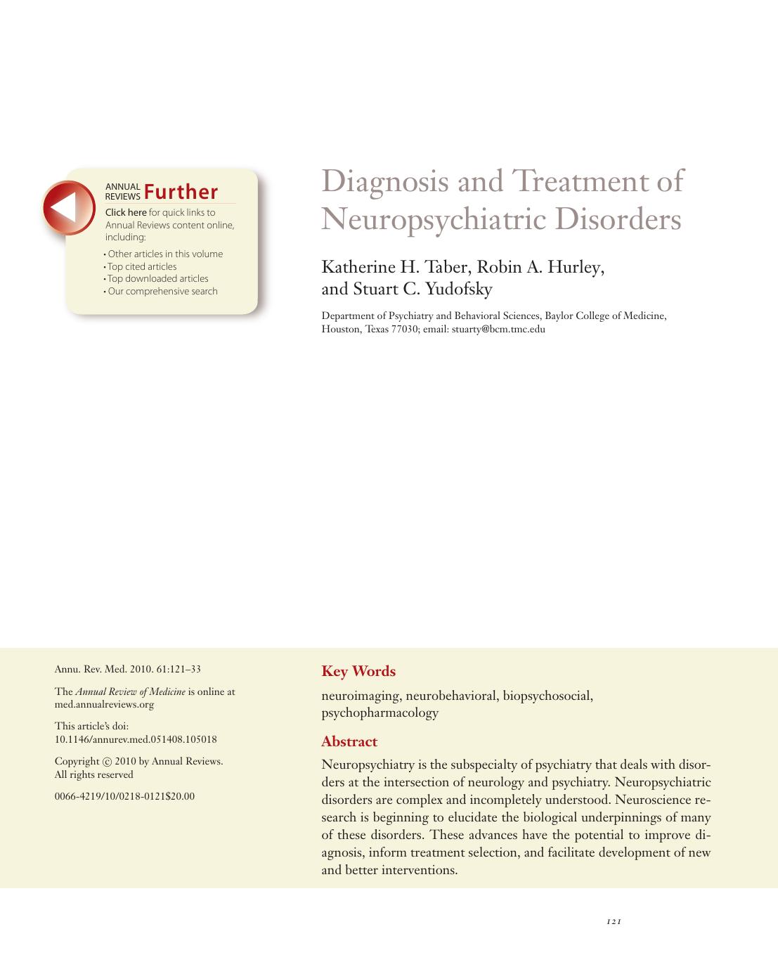 Diagnosis and Treatment of Neuropsychiatric Disorders by Katherine H. Taber Robin A. Hurley and Stuart C. Yudofsky