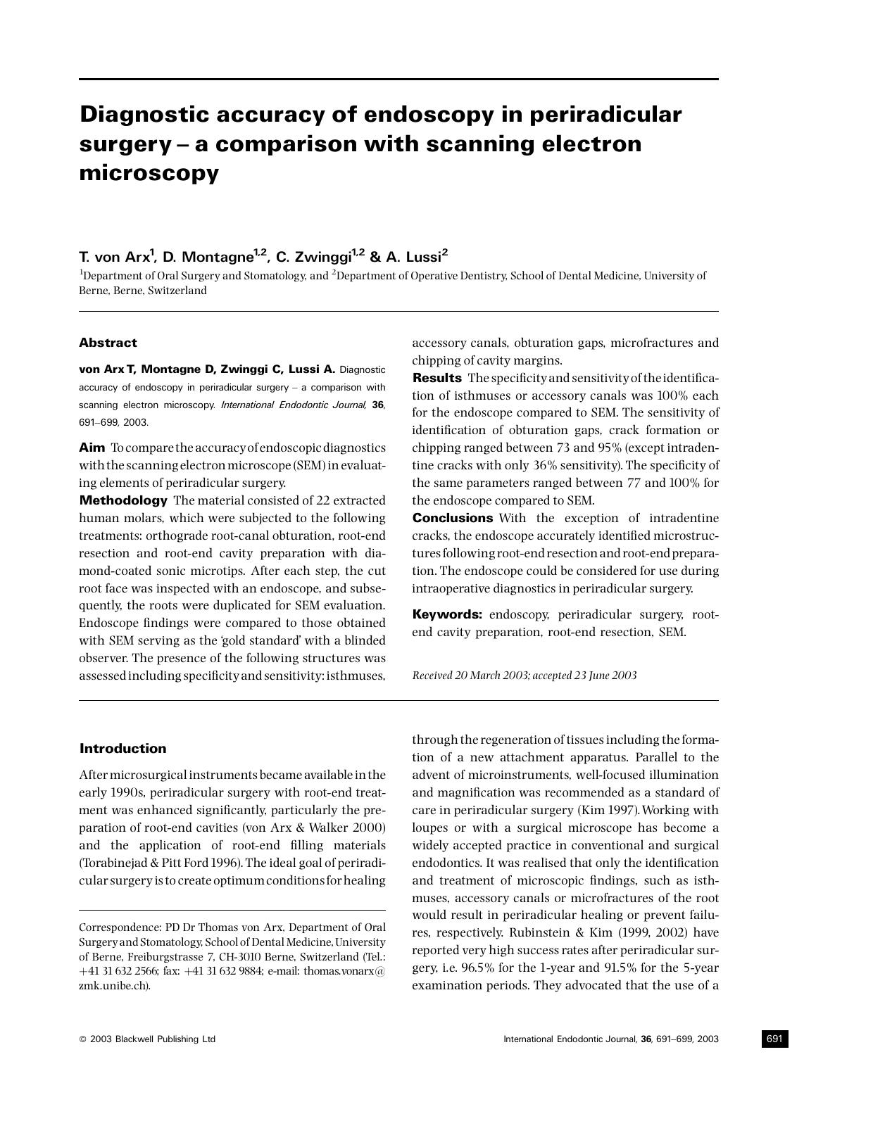 Diagnostic accuracy of endoscopy in periradicular surgery â a comparison with scanning electron m by Unknown