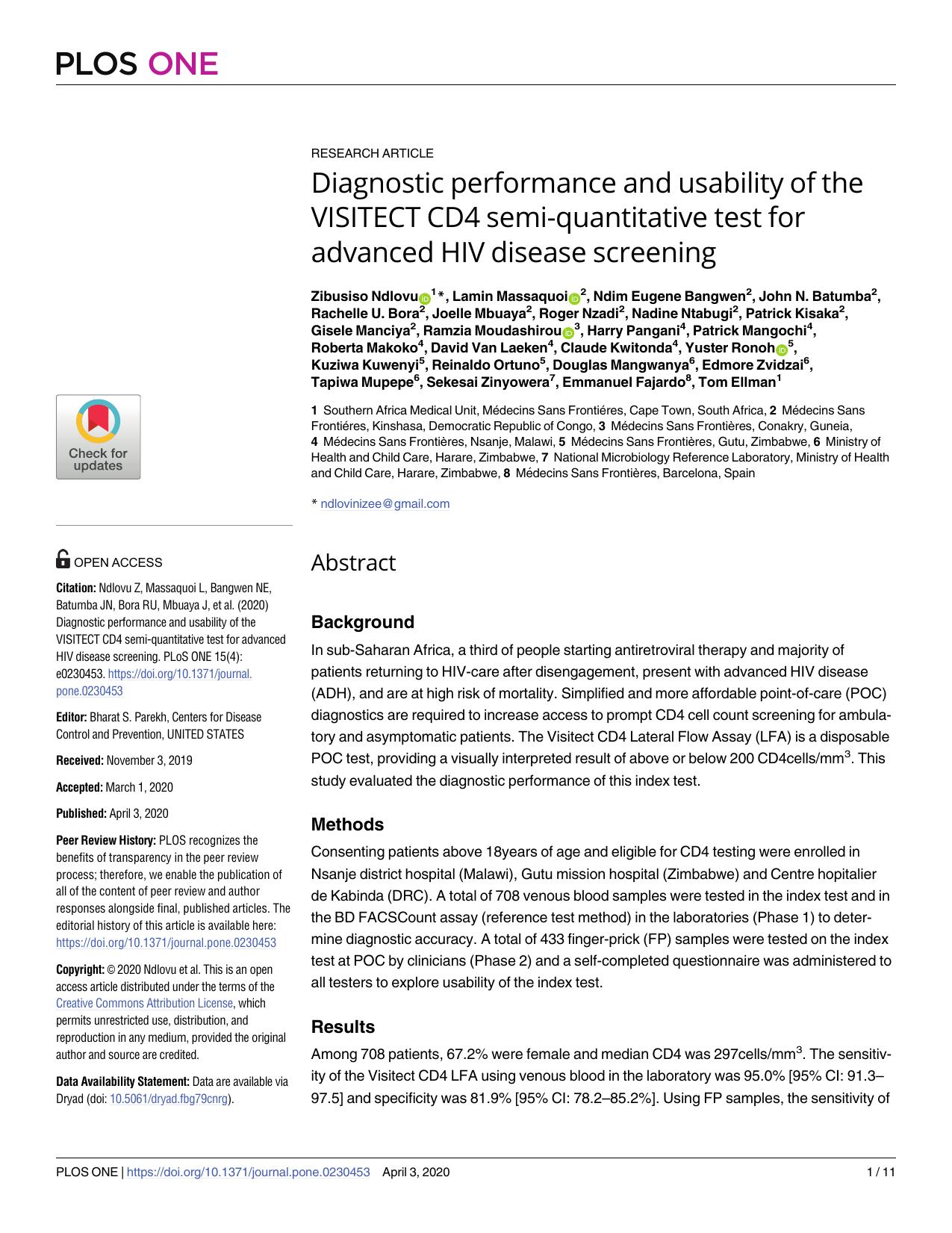 Diagnostic performance and usability of the VISITECT CD4 semi-quantitative test for advanced HIV disease screening by unknow