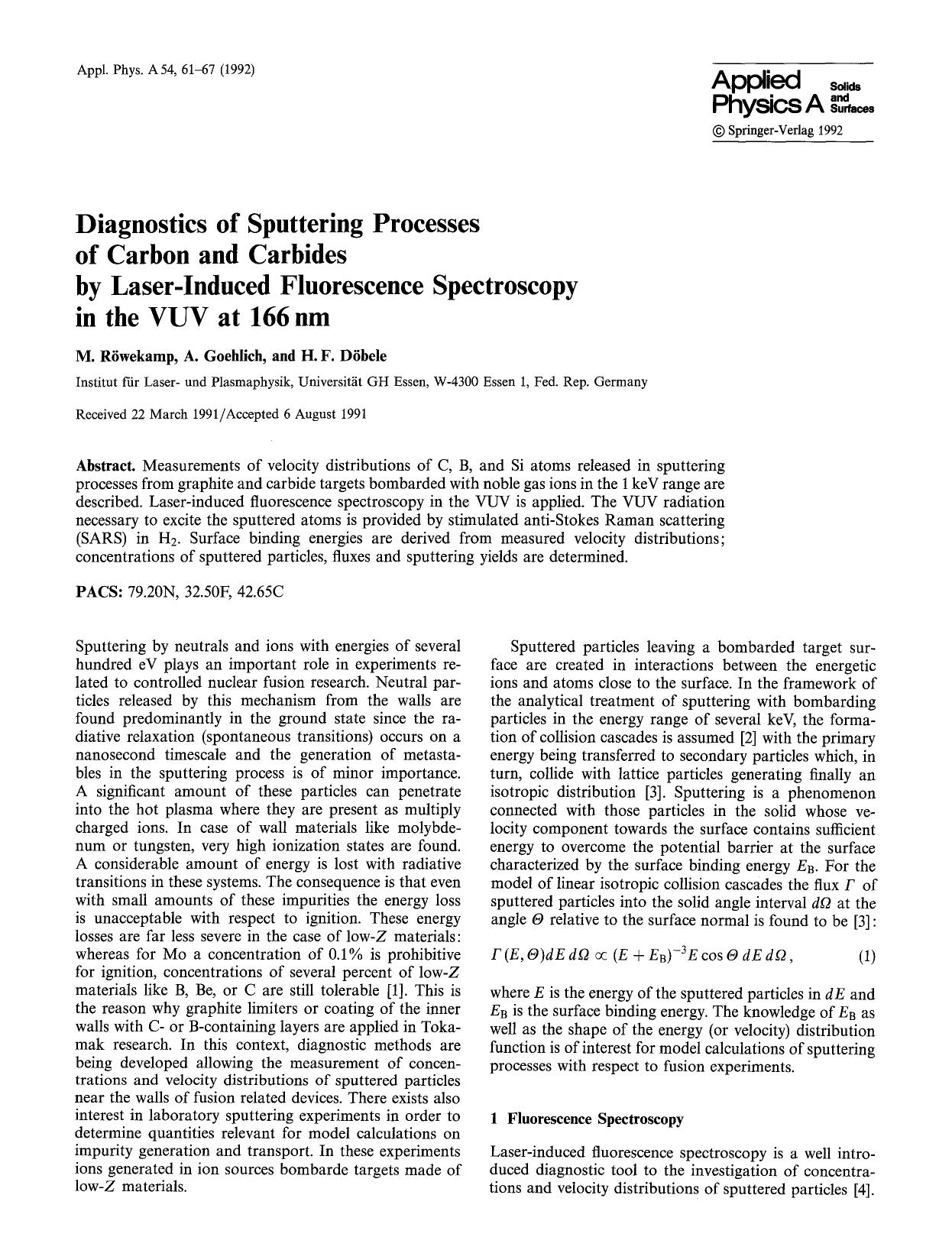 Diagnostics of sputtering processes of carbon and carbides by laser-induced fluorescence spectroscopy in the VUV at 166 nm by Unknown