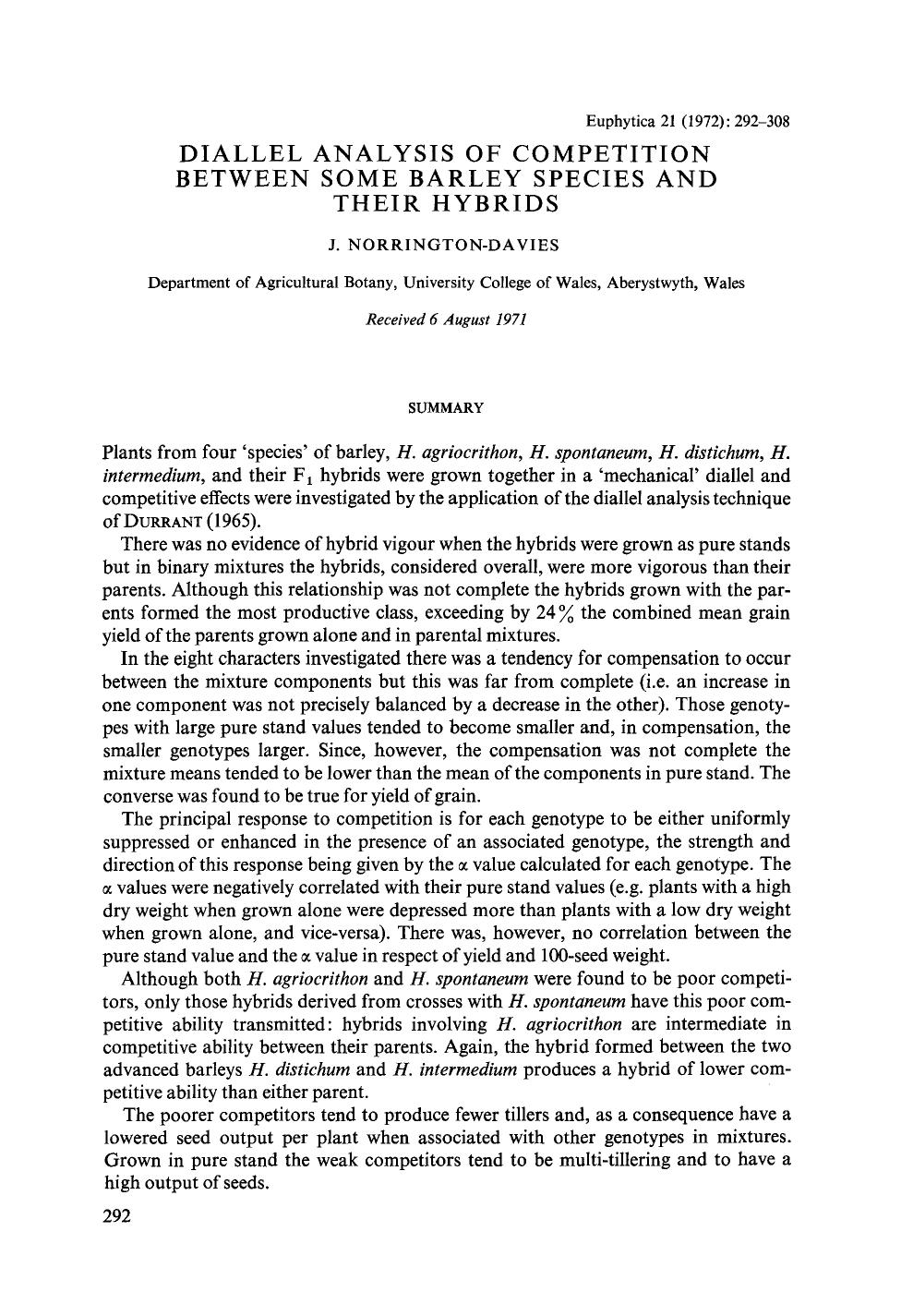Diallel analysis of competition between some barley species and their hybrids by Unknown
