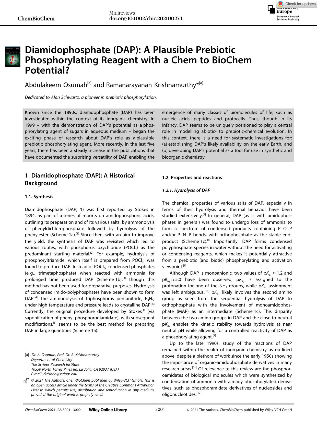 Diamidophosphate (DAP): A Plausible Prebiotic Phosphorylating Reagent with a Chem to BioChem Potential? by Unknown