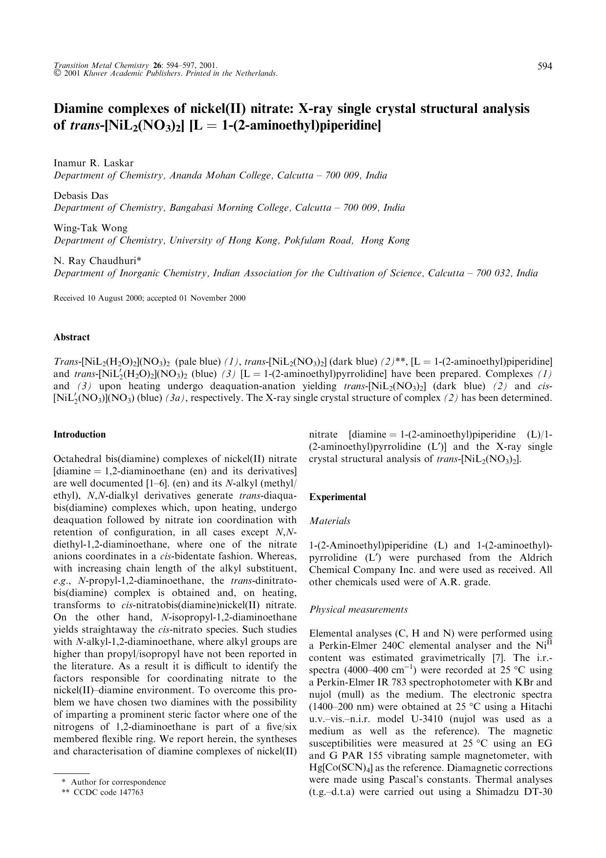 Diamine complexes of nickel(II) nitrate: X-ray single crystal structural analysis of trans-[NiL2(NO3)2] [L = 1-(2-aminoethyl)piperidine] by Unknown