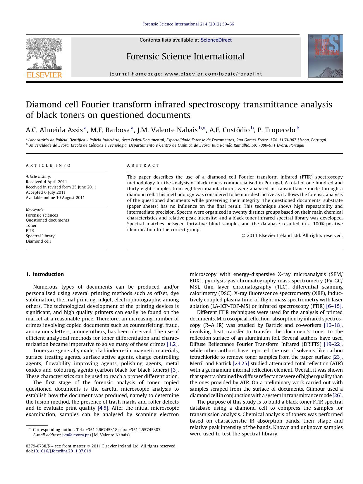 Diamond cell Fourier transform infrared spectroscopy transmittance analysis of black toners on questioned documents by A.C. Almeida Assis