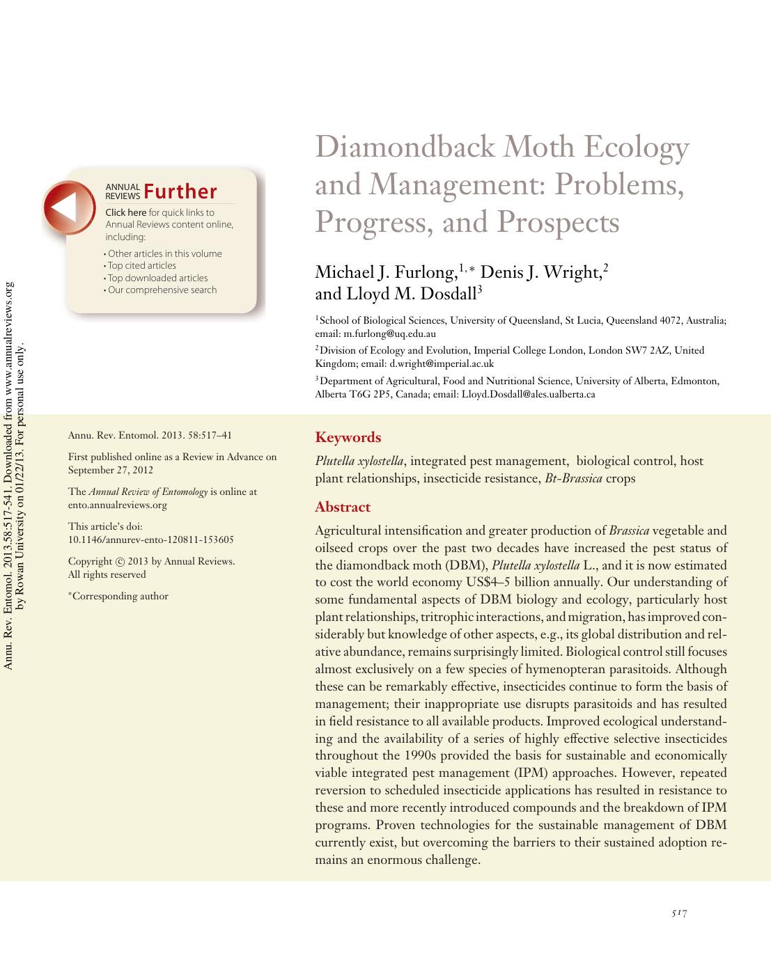 Diamondback Moth Ecology and Management: Problems, Progress, and Prospects by Michael J. Furlong Denis J. Wright & Lloyd M. Dosdall