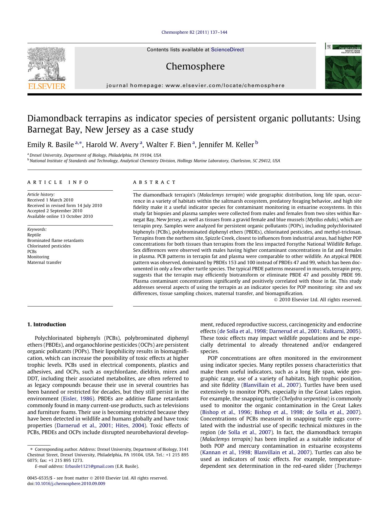 Diamondback terrapins as indicator species of persistent organic pollutants: Using Barnegat Bay, New Jersey as a case study by Emily R. Basile & Harold W. Avery & Walter F. Bien & Jennifer M. Keller