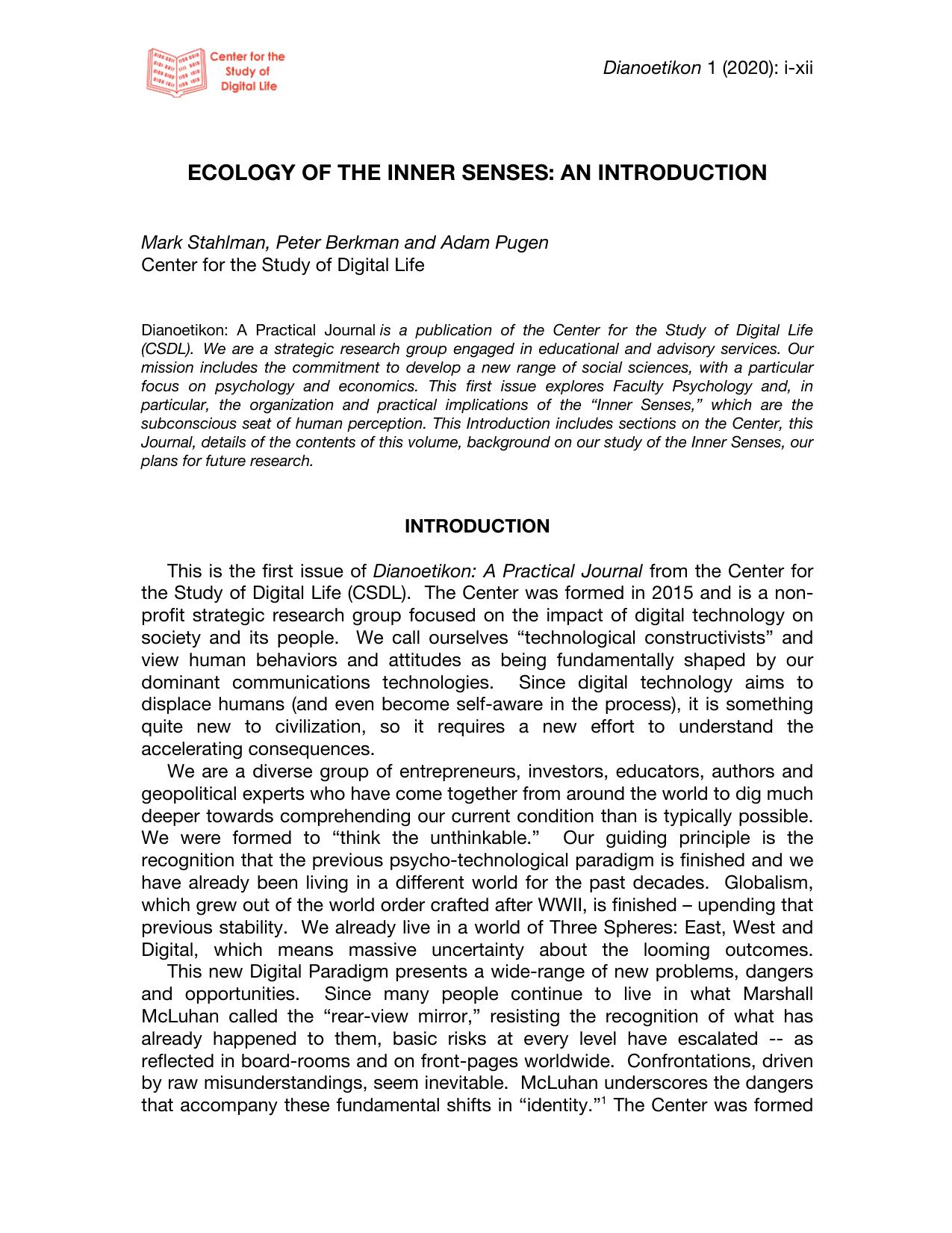 Dianoetikon: A Practical Journal - ECOLOGY OF THE INNER SENSES by Mark Stahlman Peter Berkman and Adam Pugen