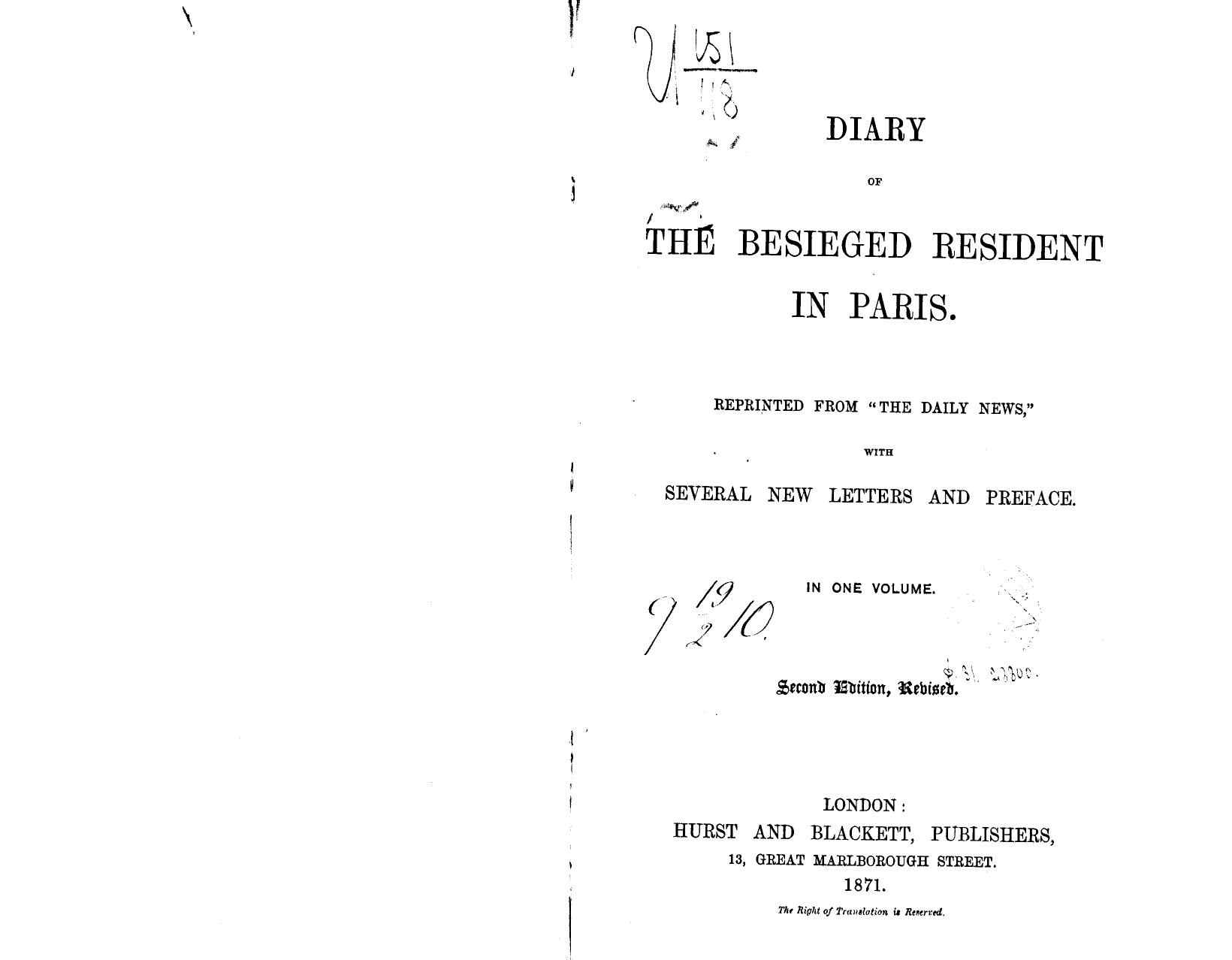 Diary of the besieged resident in paris by 1871