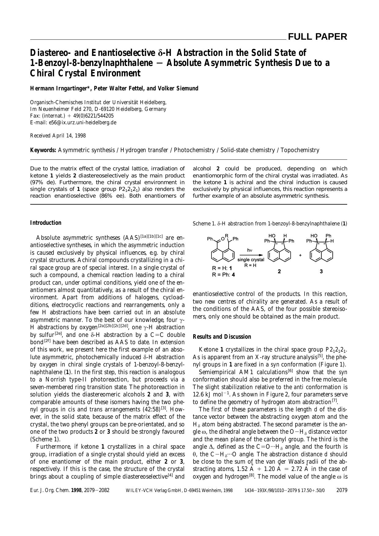 Diastereo- and Enantioselective [dgr]-H Abstraction in the Solid State of 1-Benzoyl-8-benzylnaphthalene - Absolute Asymmetric Synthesis Due to a Chiral Crystal Environment by Unknown