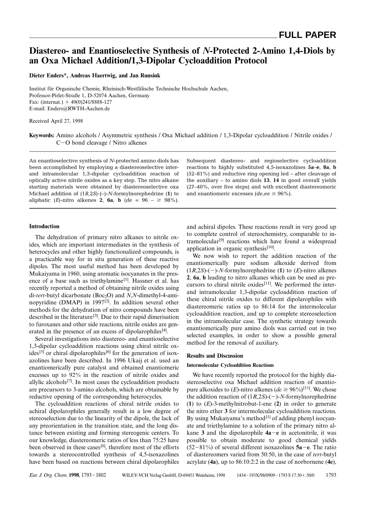 Diastereo- and Enantioselective Synthesis of N-Protected 2-Amino 1,4-Diols by an Oxa Michael Addition1,3-Dipolar Cycloaddition Protocol by Unknown