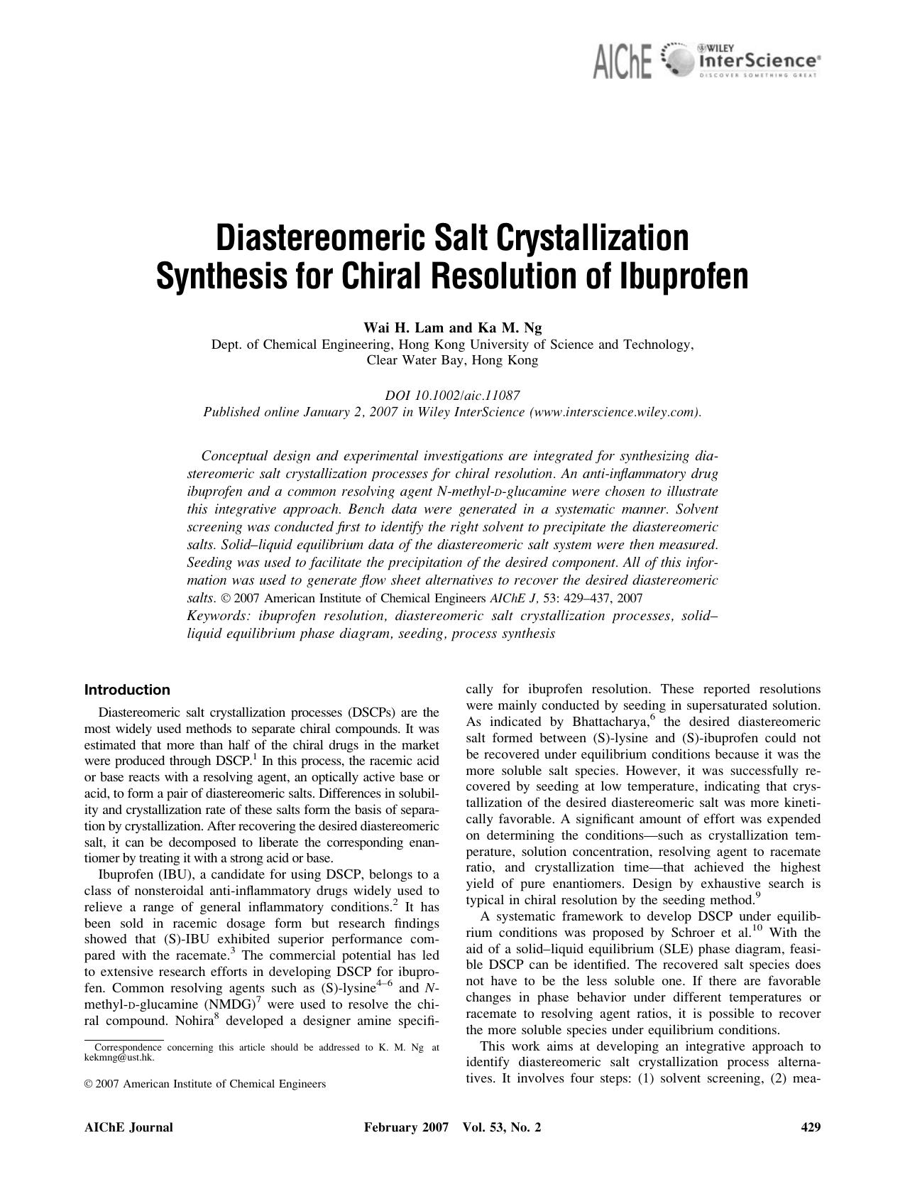 Diastereomeric salt crystallization synthesis for chiral resolution of ibuprofen by Unknown