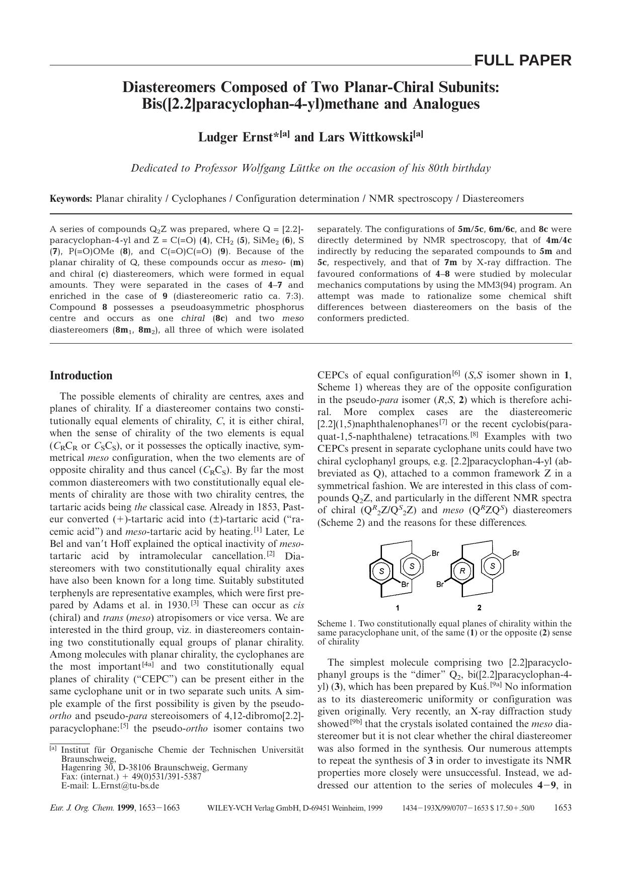 Diastereomers Composed of Two Planar-Chiral Subunits: Bis([2.2]paracyclophan-4-yl)methane and Analogues by Unknown