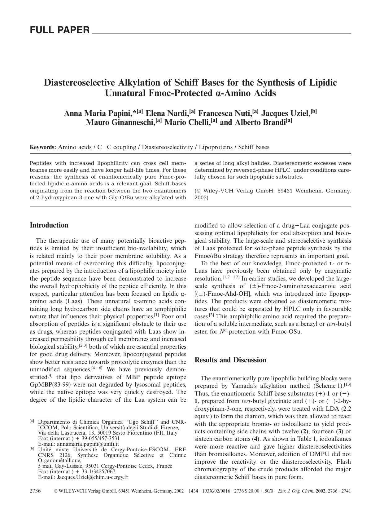 Diastereoselective Alkylation of Schiff Bases for the Synthesis of Lipidic Unnatural Fmoc-Protected [alpha]-Amino Acids by Unknown