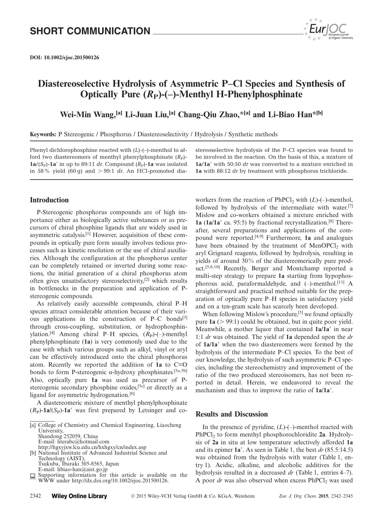 Diastereoselective Hydrolysis of Asymmetric PCl Species and Synthesis of Optically Pure (RP)()Menthyl HPhenylphosphinate by Unknown