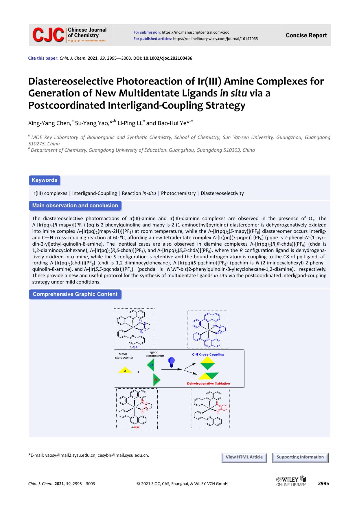 Diastereoselective photoreaction of Ir(III) amine complexes for generation new multidentate ligands in situ via a postcoordinated interligand-coupling strategy by YAO 0